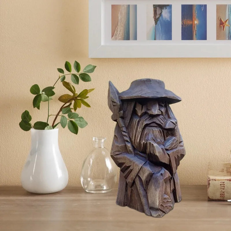 sculpture bois marron personnage barbe chapeau artisanal réalisteextérieur jardin décoration