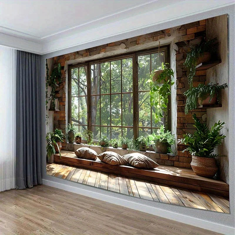 tapisserie rustique scénique fenêtre plantes bois salon brun beige vert