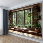 tapisserie rustique scénique fenêtre plantes bois salon brun beige vert