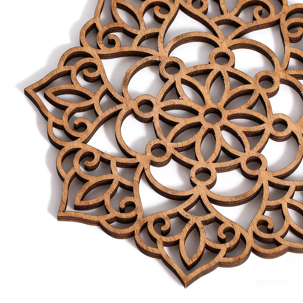 coasters bois marron floral gravé respectueux environnement 12cm artisanal décoration maison yoga meditation