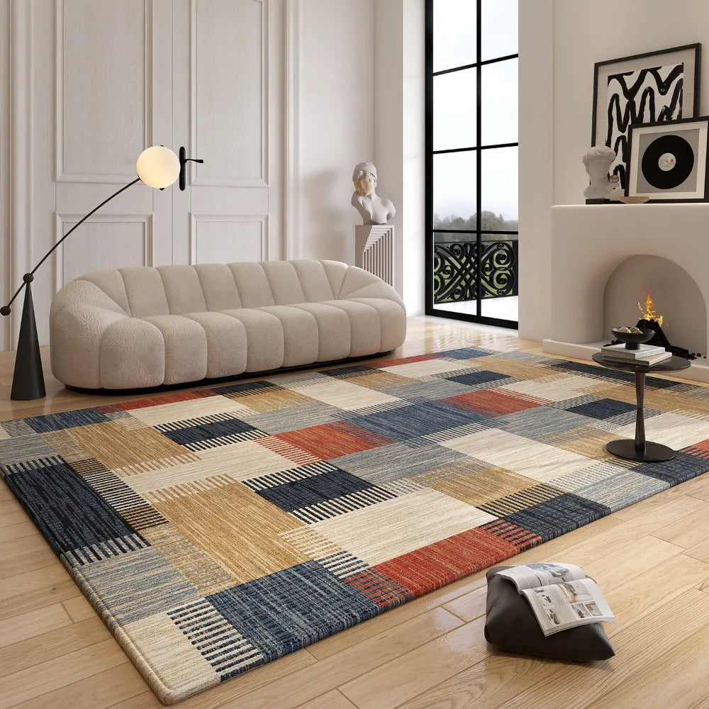 tapis multicolore carreaux géométriques moderne salon chambre extérieur polypropylène polyester lavable main machine