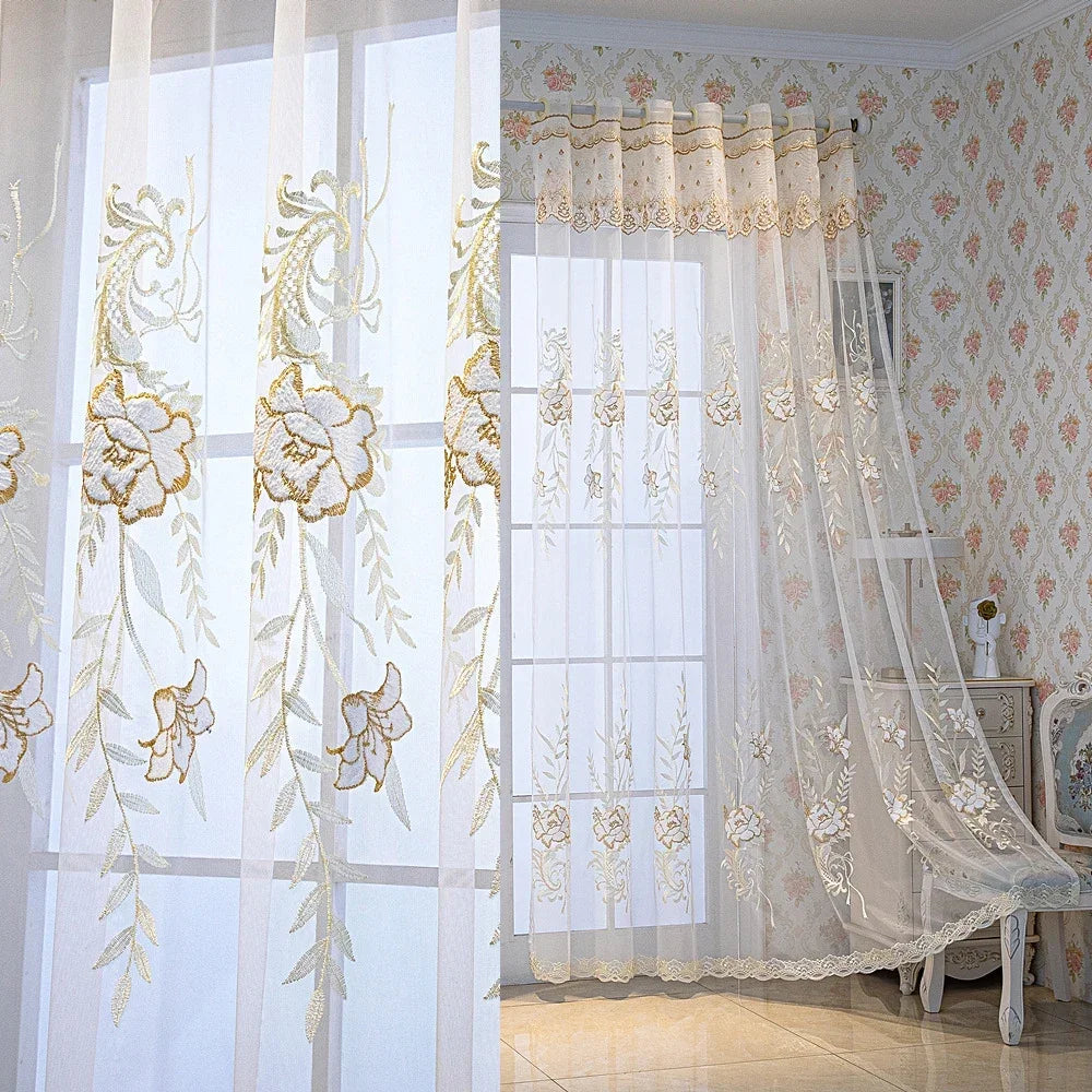 rideau blanc doré fleurs brodées transparent classique anneaux fenêtre salon chambre