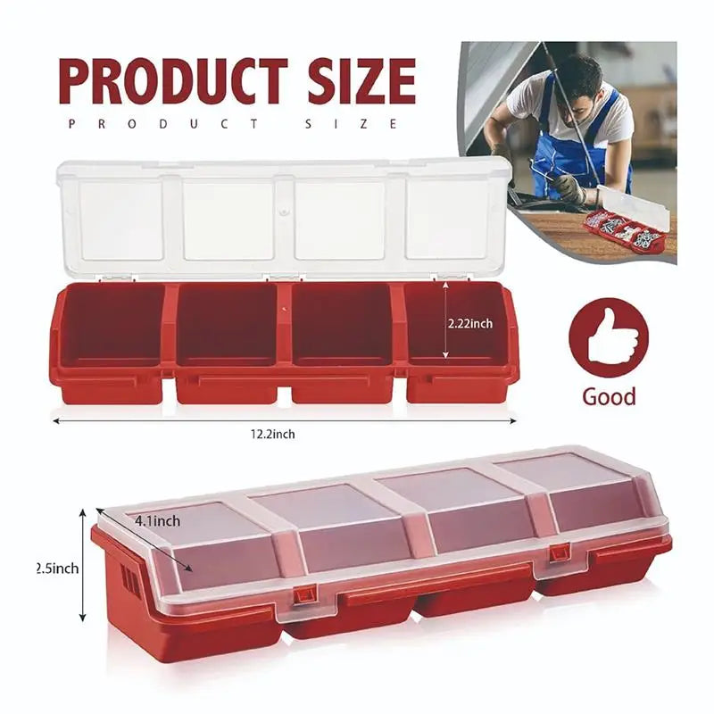 boîtes rangement compartiments outils vis bijoux plastique rouge noir transparent atelier poignée