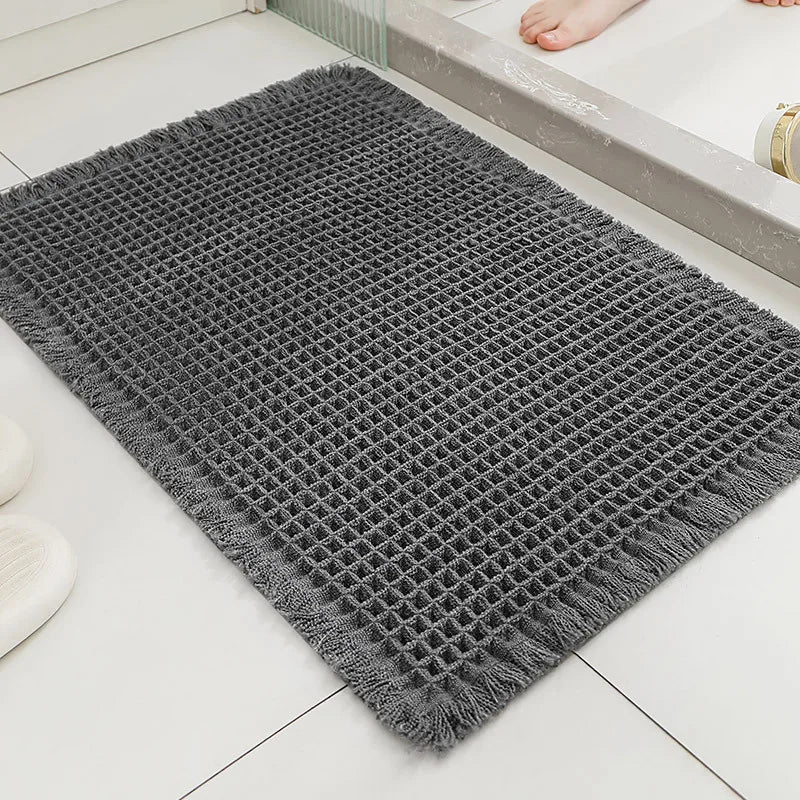 tapis moderne rustique texture carreaux beige clair antidérapant polyester tressé salon bain extérieur