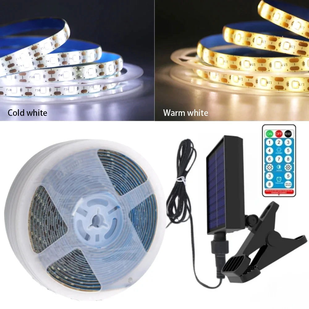 ruban led solaire flexible étanche blanc chaud froid télécommande clips fixation