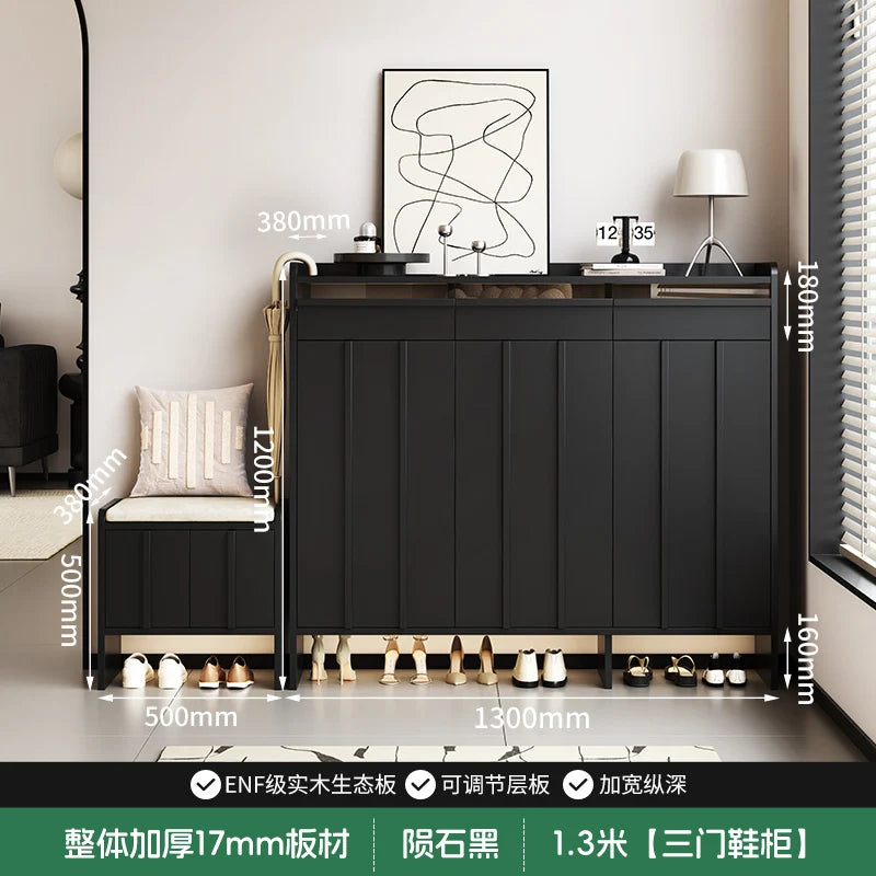 meuble entrée moderne noir panneaux verticaux lisses rangement tabouret coussin plaques mesure