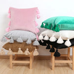 housse coussin velours moderne bohème couleur unie pompon décoratif 45x45cm