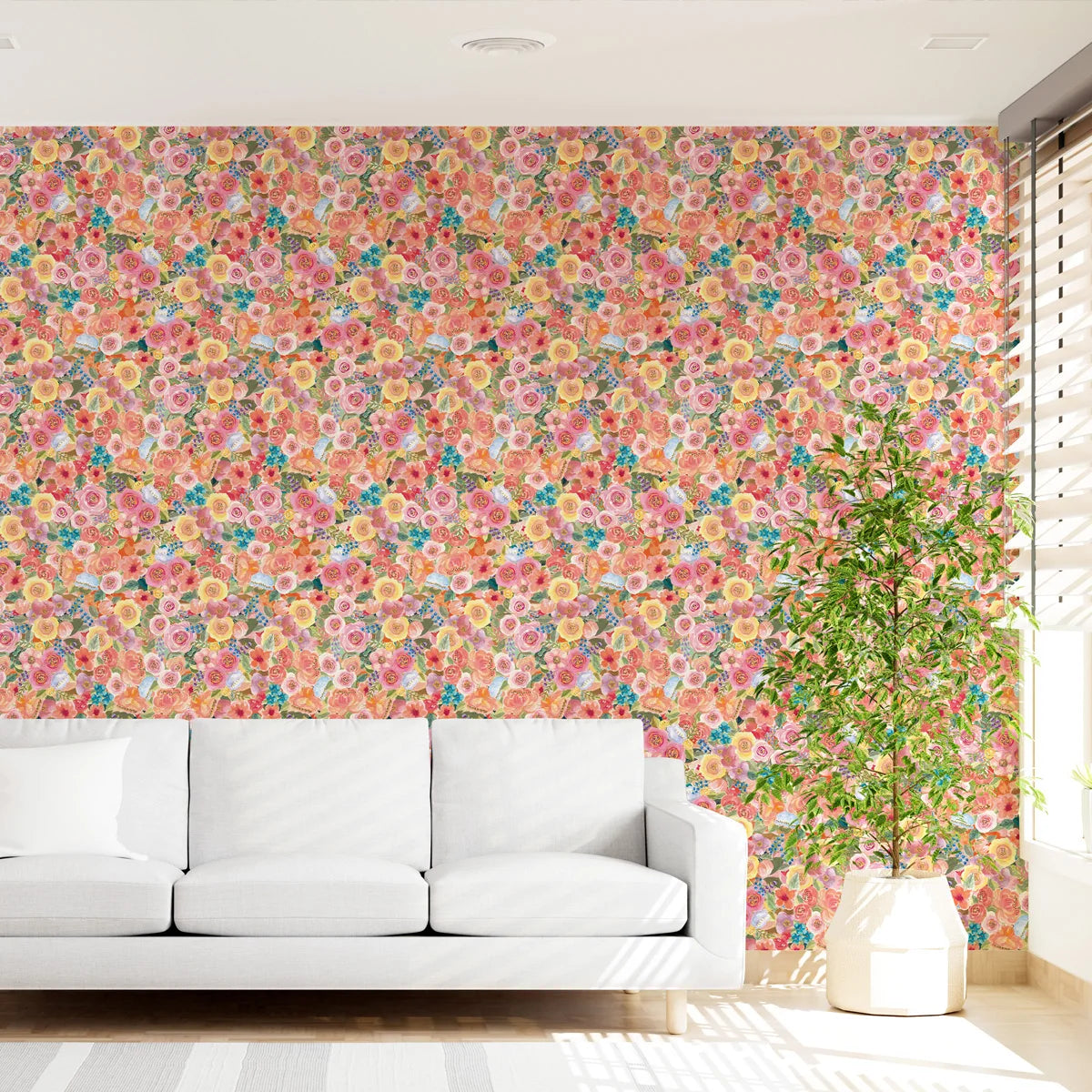 papier peint fleurs colorées moderne résistant humidité autocollant rose jaune vert bleu blanc salon