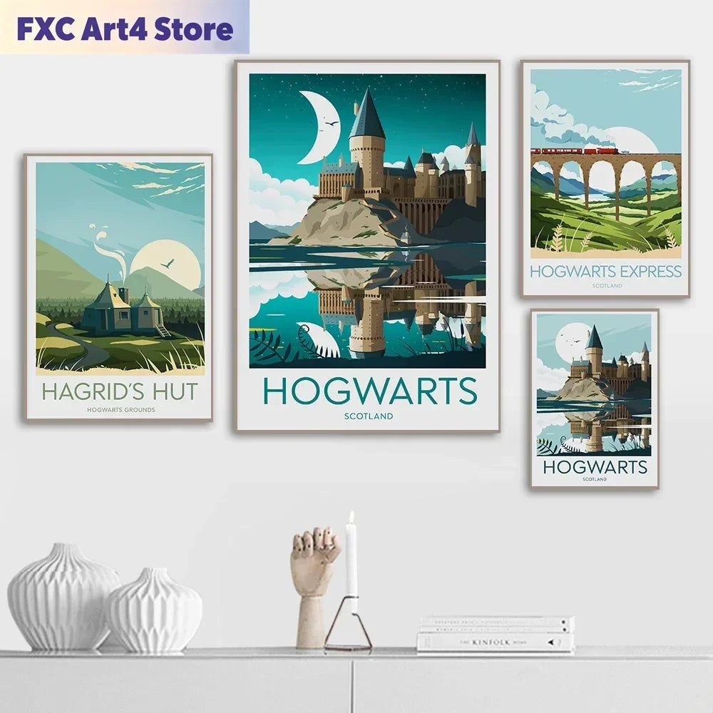 affiche murale cadre bois château fantastique paysage vintage décoration salon chambre toile bleu