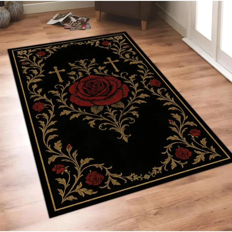 tapis baroque rose rouge fleurs feuilles croix noir salon decoration maison hotelextérieur salle bain