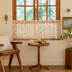 rideau cuisine polyester feuilles fleurs tissé beige vert bleu blanc opacité classique rustique tassels