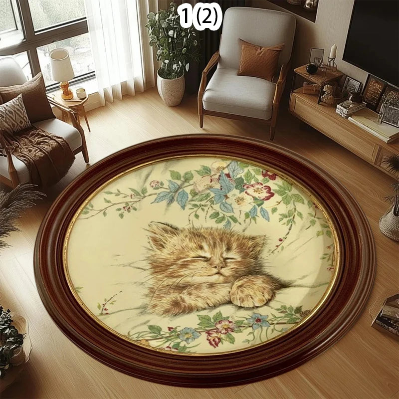 tapis rond moderne chat noir fleurs polypropylène chambre salon décoration intérieure extérieur 120x120cm 80x80cm