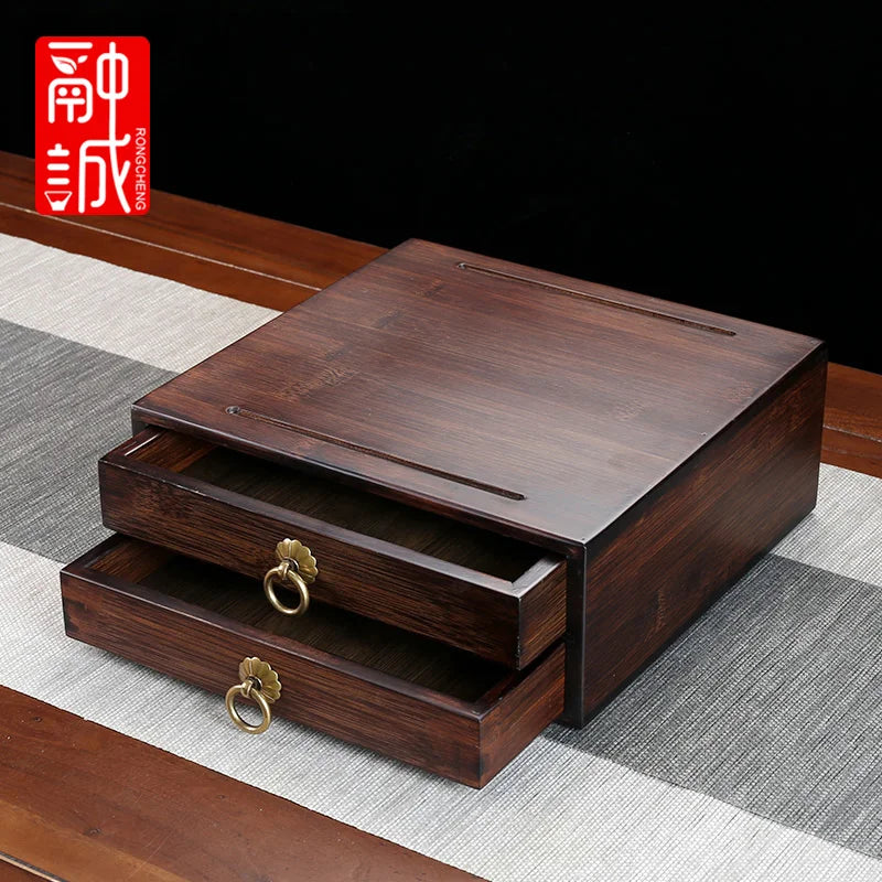 boîte thé marron foncé texture bois naturelle classique rouleau thé couteau thé