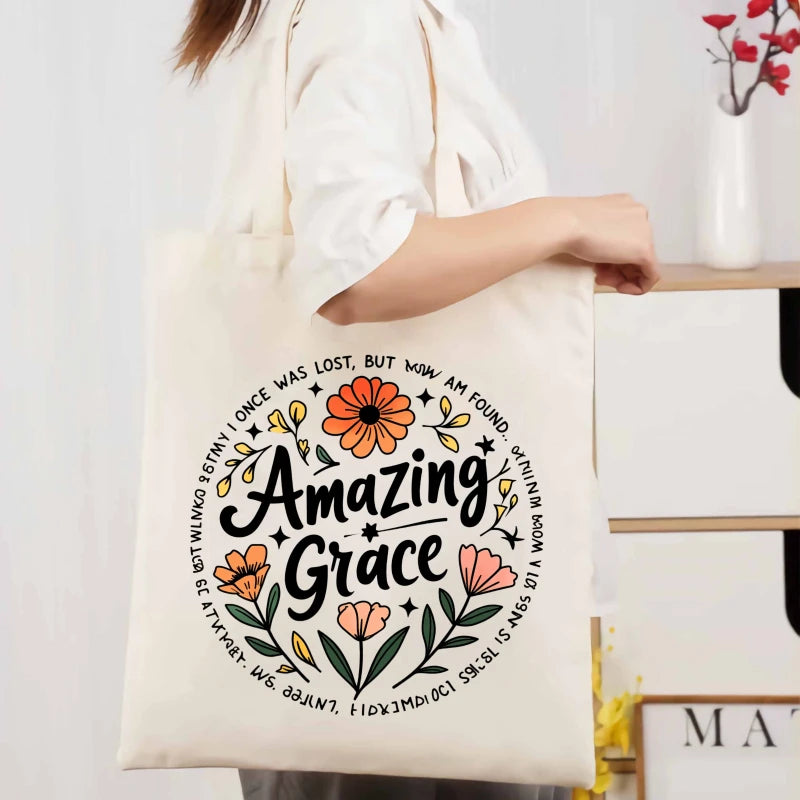 sac main toile beige imprimé floral lettrage biblique poignées détachables réutilisable écologique moderne