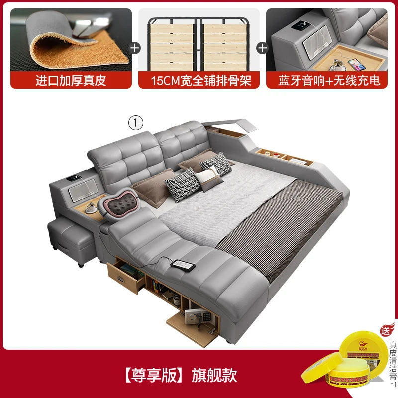 lit multifonctionnel moderne gris clair simili cuir tapis coussins rangement sous lit
