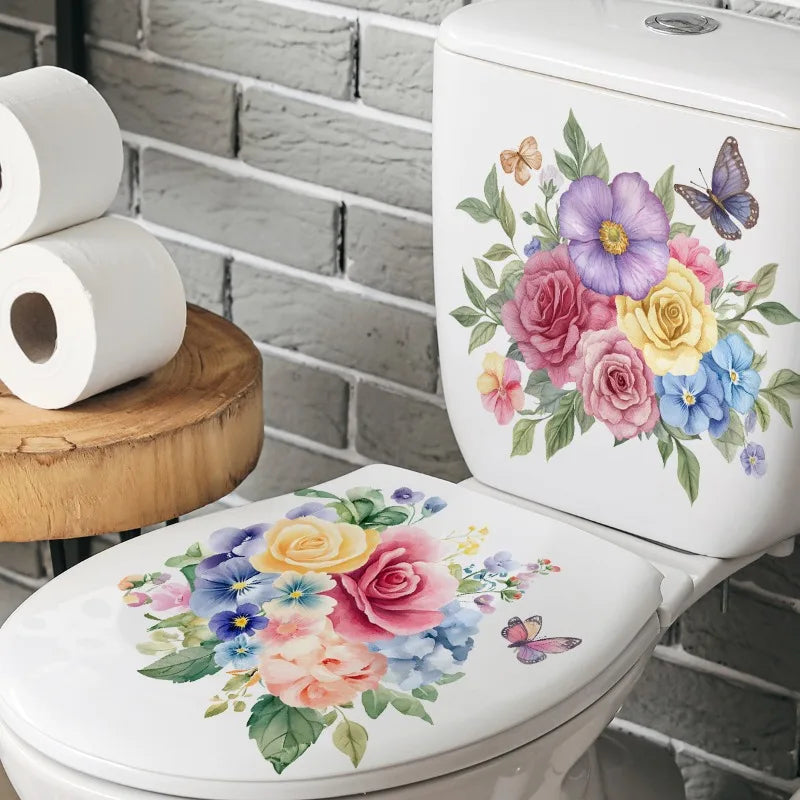 autocollants muraux fleurs colorées bouquet papillons salle bain blanc 30x30cm 2pièces adhésifs