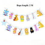 guirlande fête multicolore animaux mignons instruments papier étoile ruban pois scène rideaux enfants