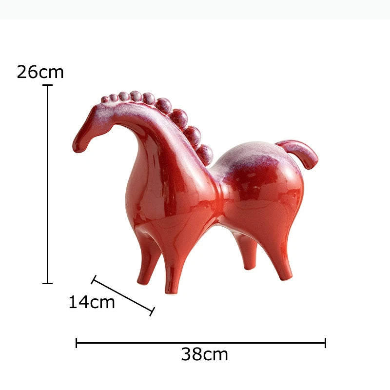 statuette cheval céramique marron rouge motifs dorés texture brillante moderne
