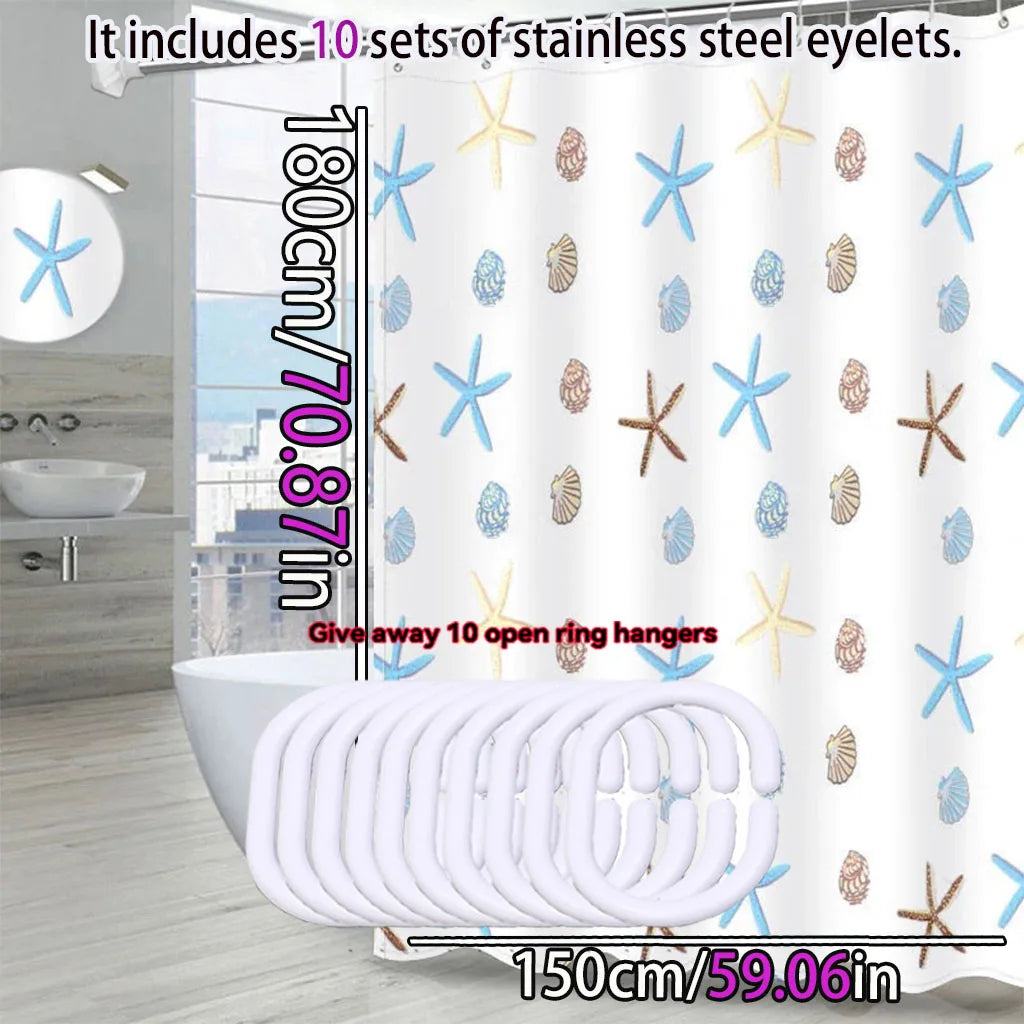 rideau douche étoiles mer coquillages opacité moderne inoxydables blanc bleu clair beige marron clair