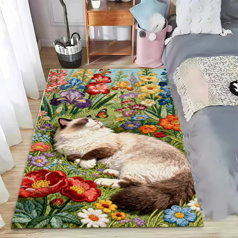 tapis multicolore fleurs animaux chat antidérapant salon chambre décoration maison moderne