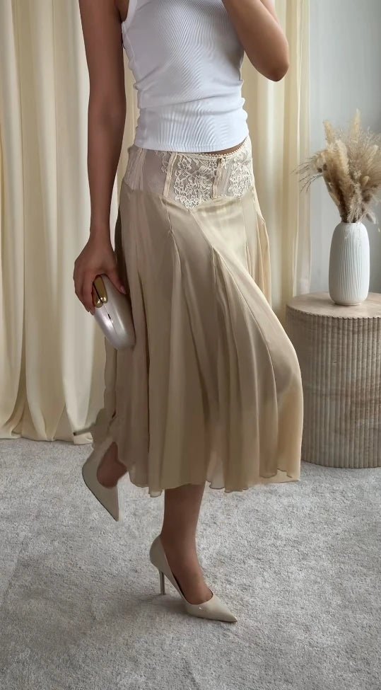 jupe mi mollet plissée mousseline semi transparente broderie dentelle ceinture rubans élégante printemps été