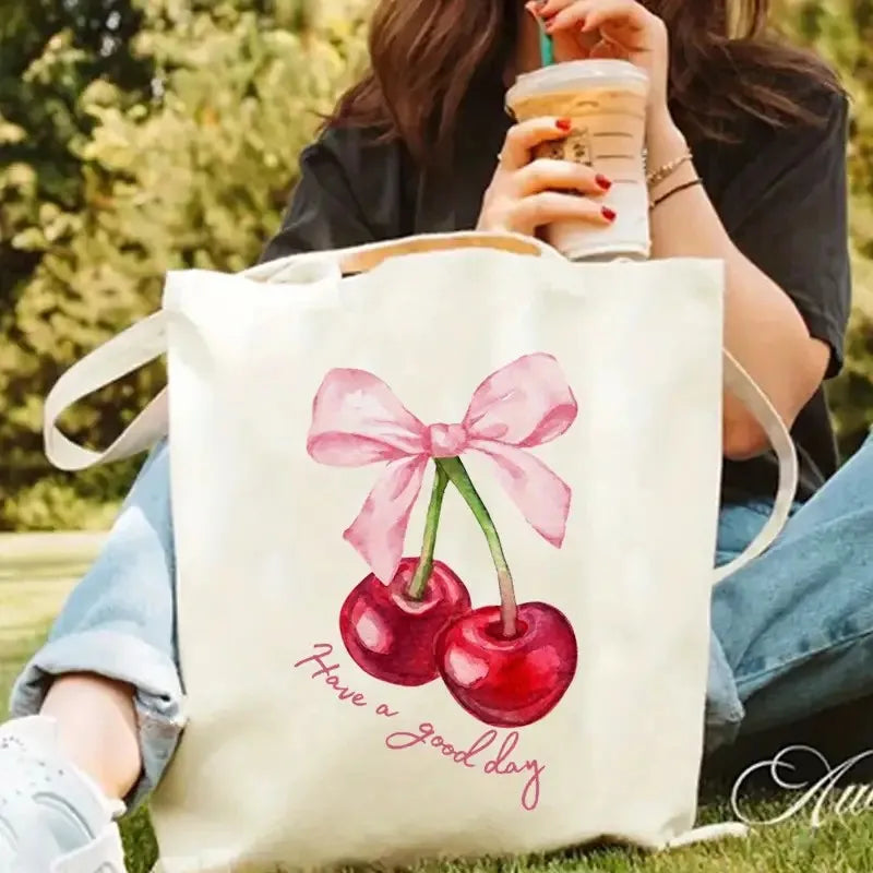 sac main toile blanche cerises rubans have good day moderne casual doux imprimé seul