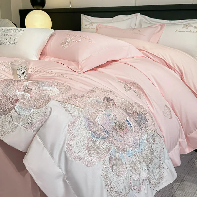 ensemble literie broderie florale rose clair blanc vert pastel bleu clair élégant housses taies