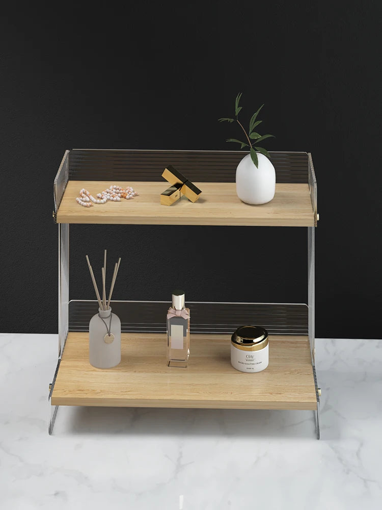 étagère deux niveaux bois marron clair métal argenté moderne minimaliste plateau lisse vase bouteille