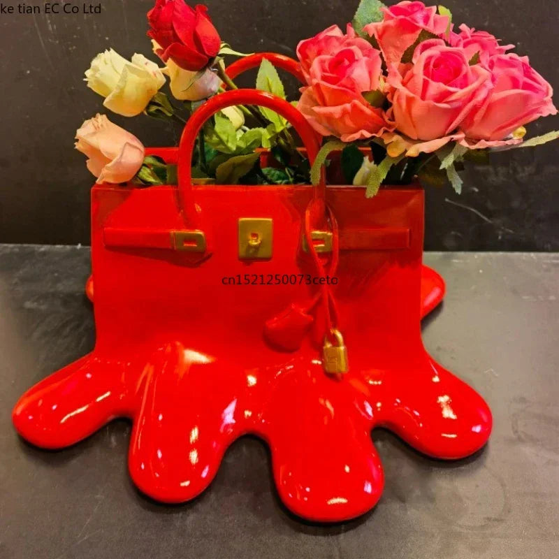 vase resine moderne sac birkin rose vif blanc doré élégant brillant 28cm