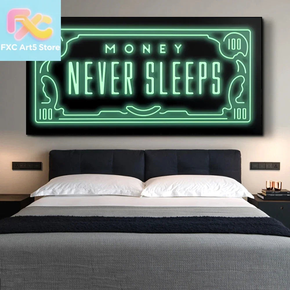 cadre lumineux led vert neon motif billet banque texte money never sleeps murale moderne
