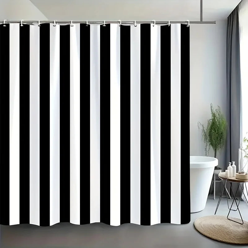 rideau douche noir blanc rayures horizontales moderne opacité métalliques polyester