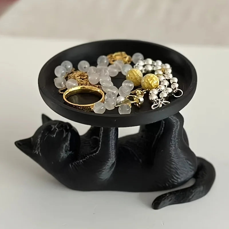 support bijoux noir texture mat motif chat moderne rangement maquillage table chevet salon chambre