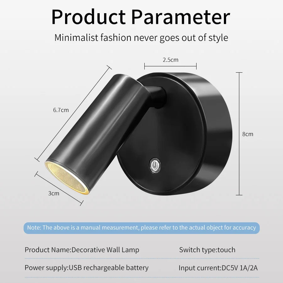 lampe murale rechargeable sans fil minimaliste noir blanc contemporaine interrupteur tactile réglable