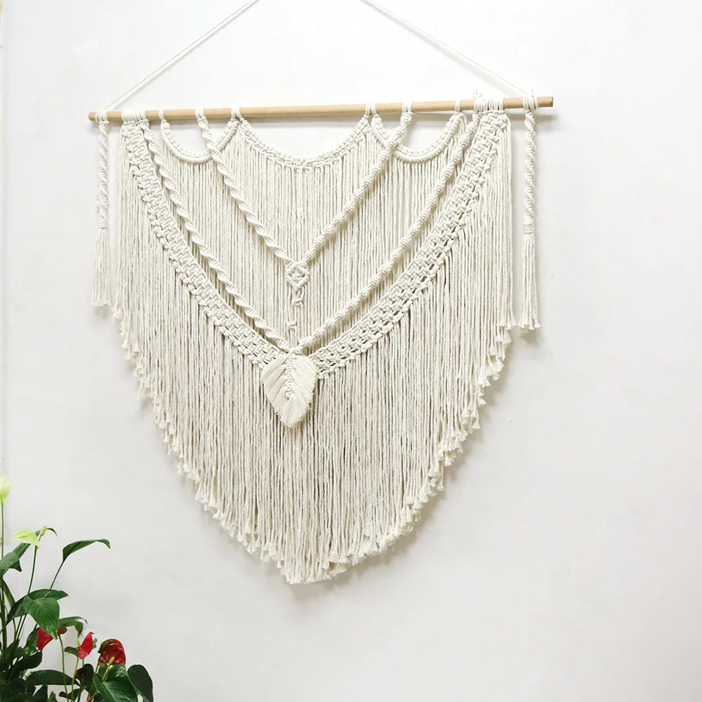 tapisserie macramé géométrique franges bohème décoration murale øllets beige clair