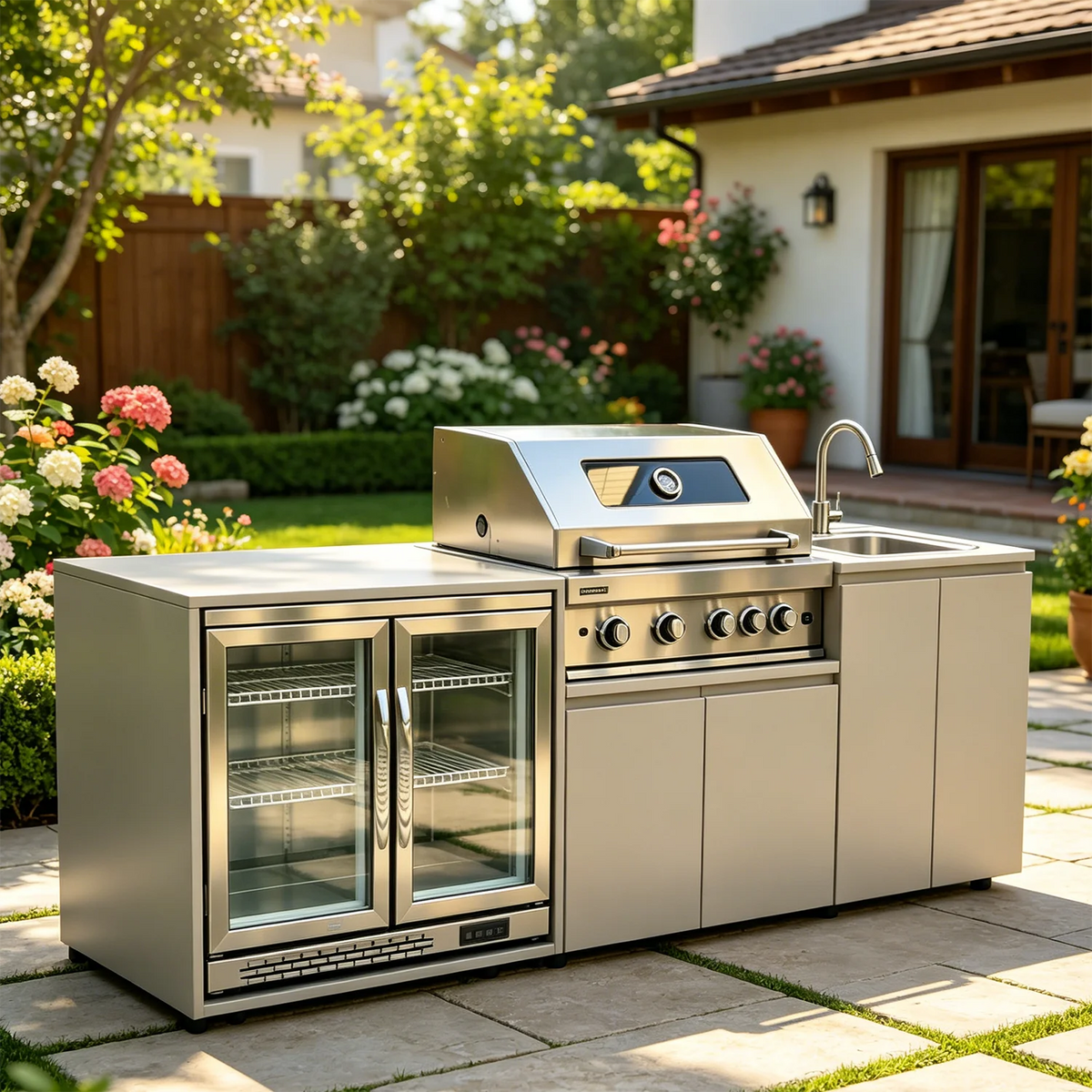 barbecue extérieur inoxydable évier réfrigérateur led moderne cuisine patio jardin ustensiles acier inoxydable pieds