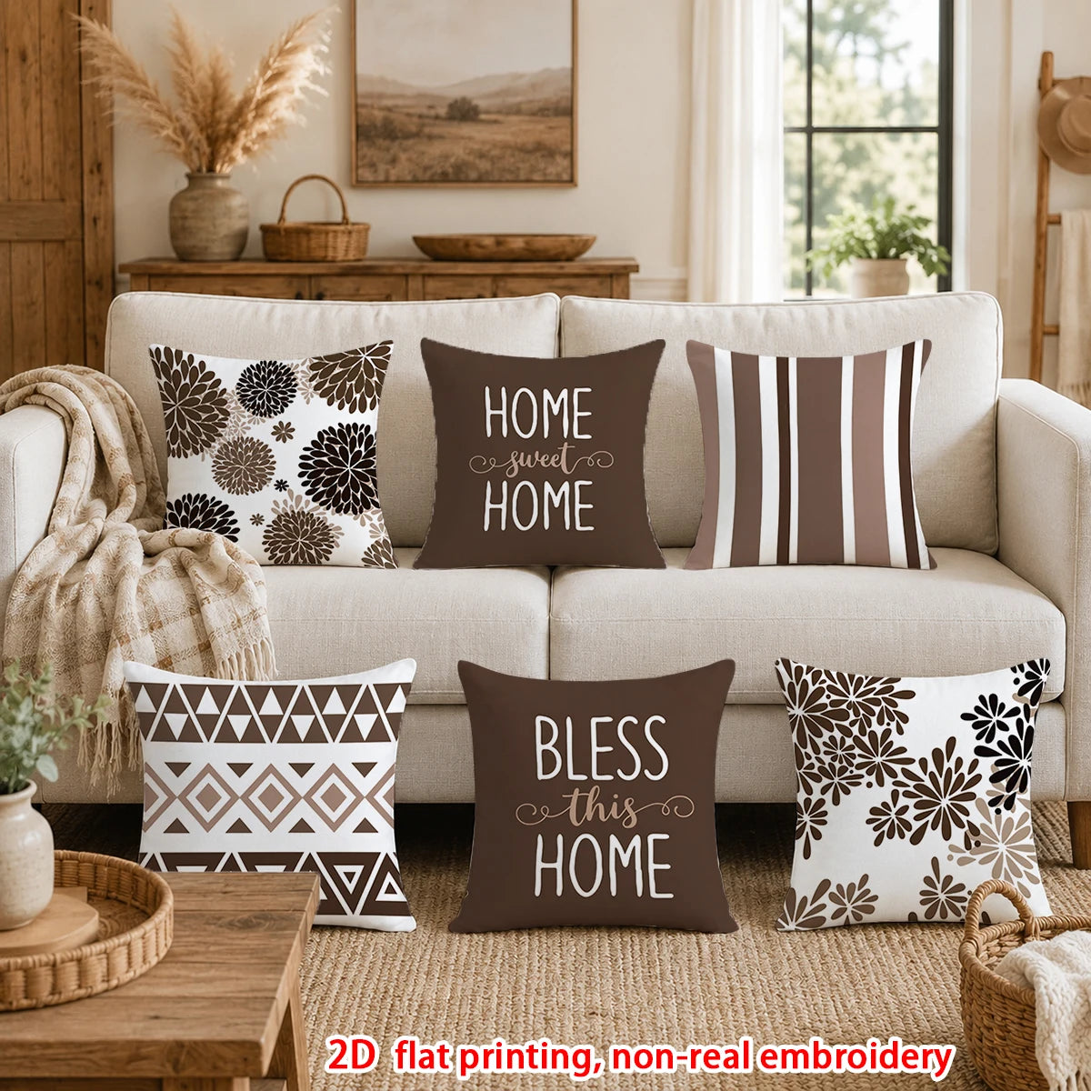 housse coussin décorative marron blanc motif floral géométrique moderne salon canapé chambre maison