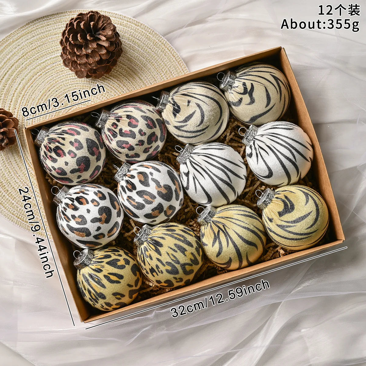 Lot de 12 boules de Noël motif léopard