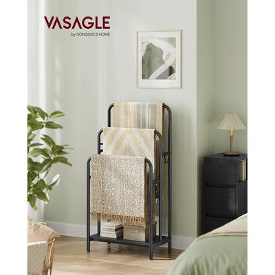 Portant serviette salle de bain sur pied blanc avec trois barres et étagère