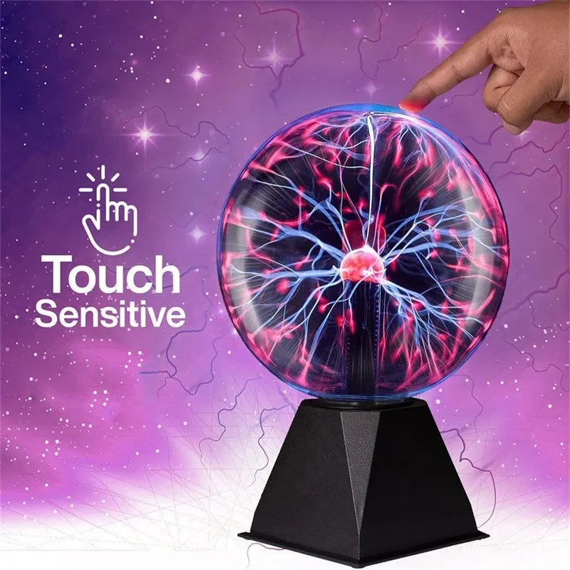boule plasma luminescente tactile verre noir rouge bleu moderne technologie base pyramidale câble alimentation