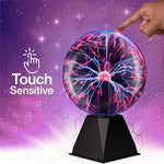 boule plasma luminescente tactile verre noir rouge bleu moderne technologie base pyramidale câble alimentation