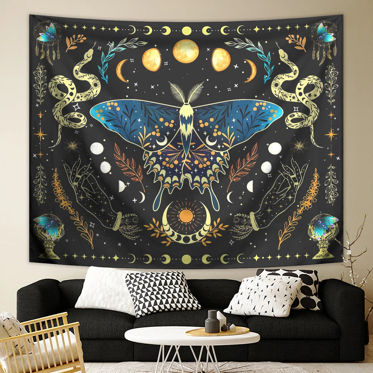 tapisserie plante motif papillon serpent lune étoile noir bleu doré blanc fantaisie clips
