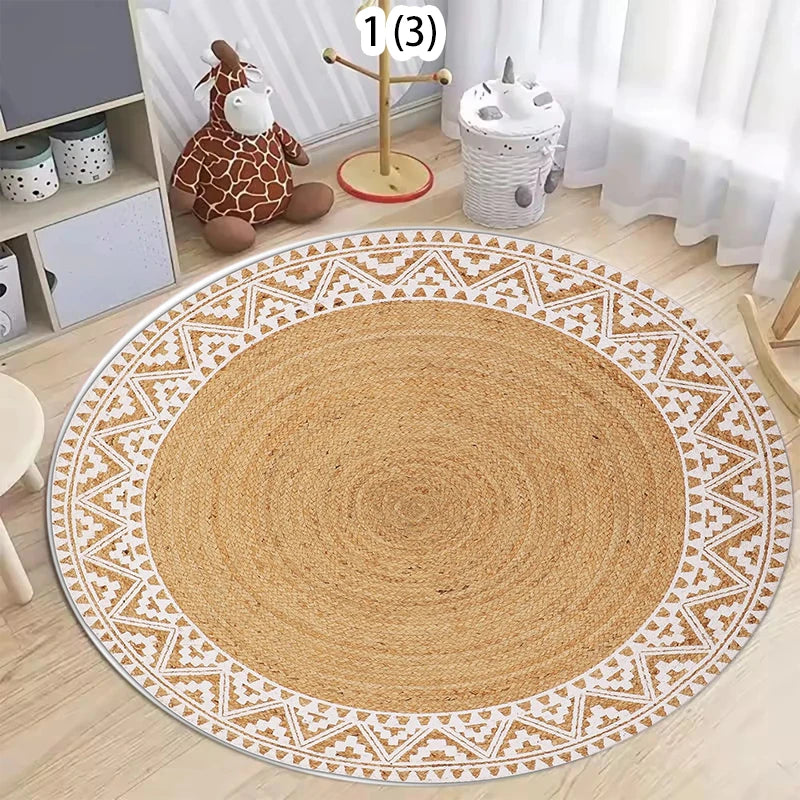 tapis rond moderne boho motifs géométriques floraux beige blanc salon chambre