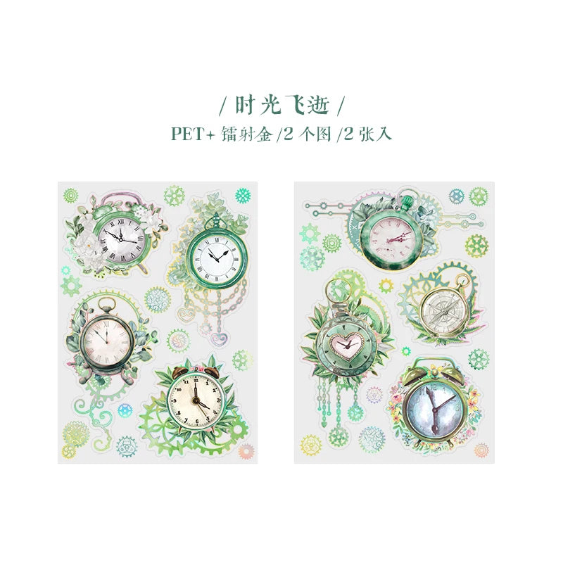 autocollants horloges engrenages fleurs papillons motifs floraux jaune vert violet blanc doré steampunk vintage