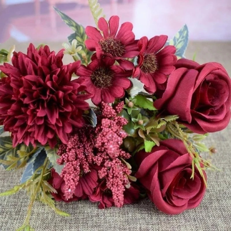 bouquet fleurs artificielles vintage intérieur décoration maison rouge blanc rose orange marron