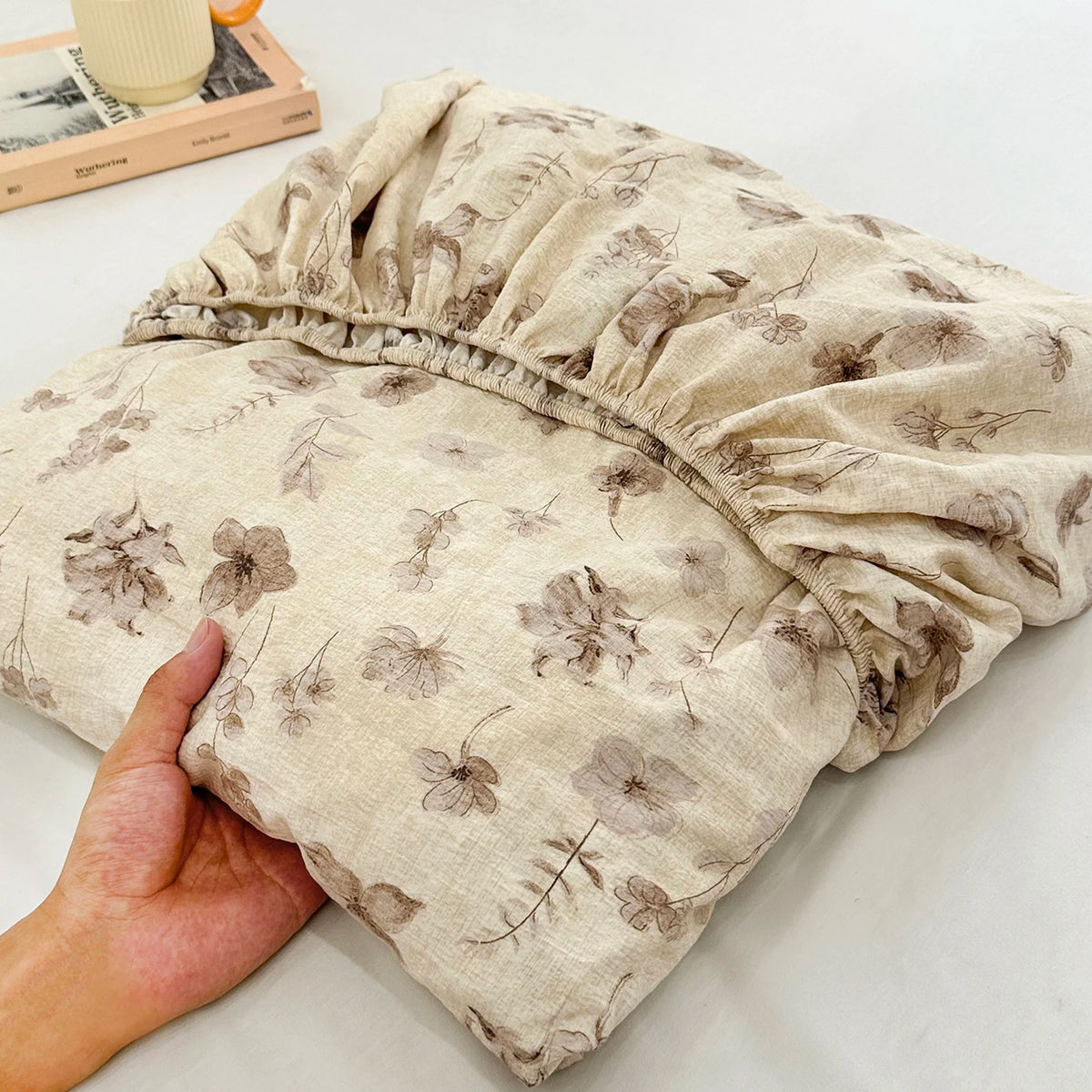 housse matelas coton lin plaid fleurs papillons moderne beige marron blanc double oreillers