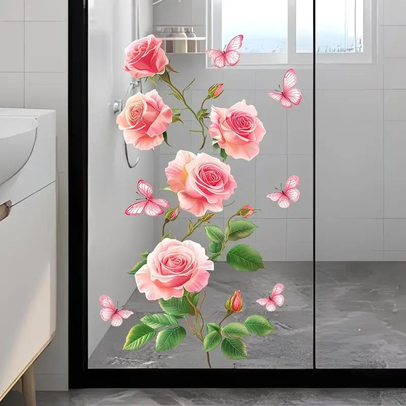 sticker decoratif fleurs papillons rouge rose violet bleu adhesif mur fenetre art floral