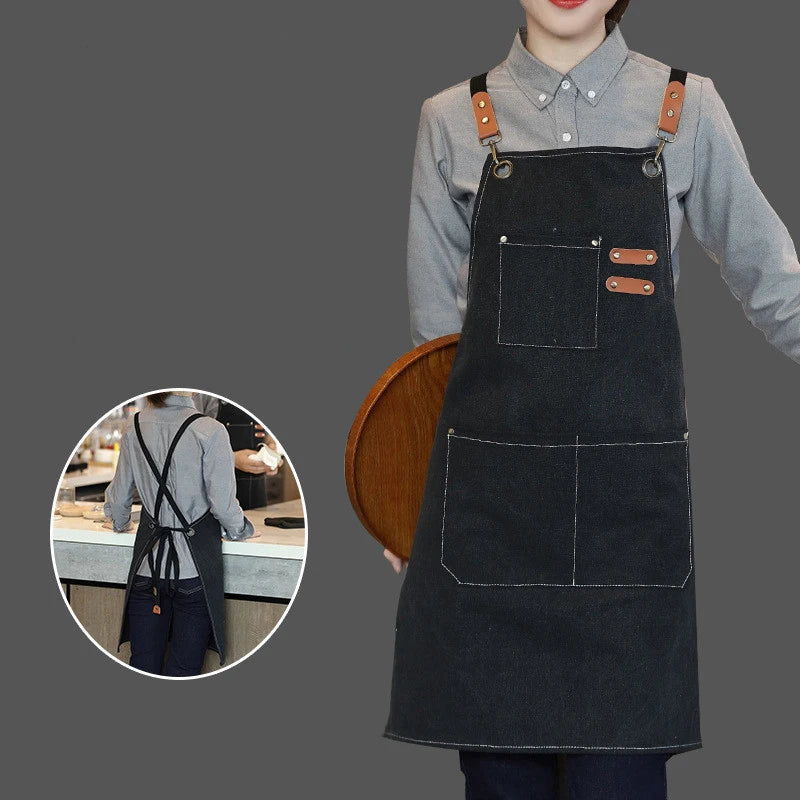 tablier cuisine toile coton cuir poche avant ajustable bleu marine gris marron clair