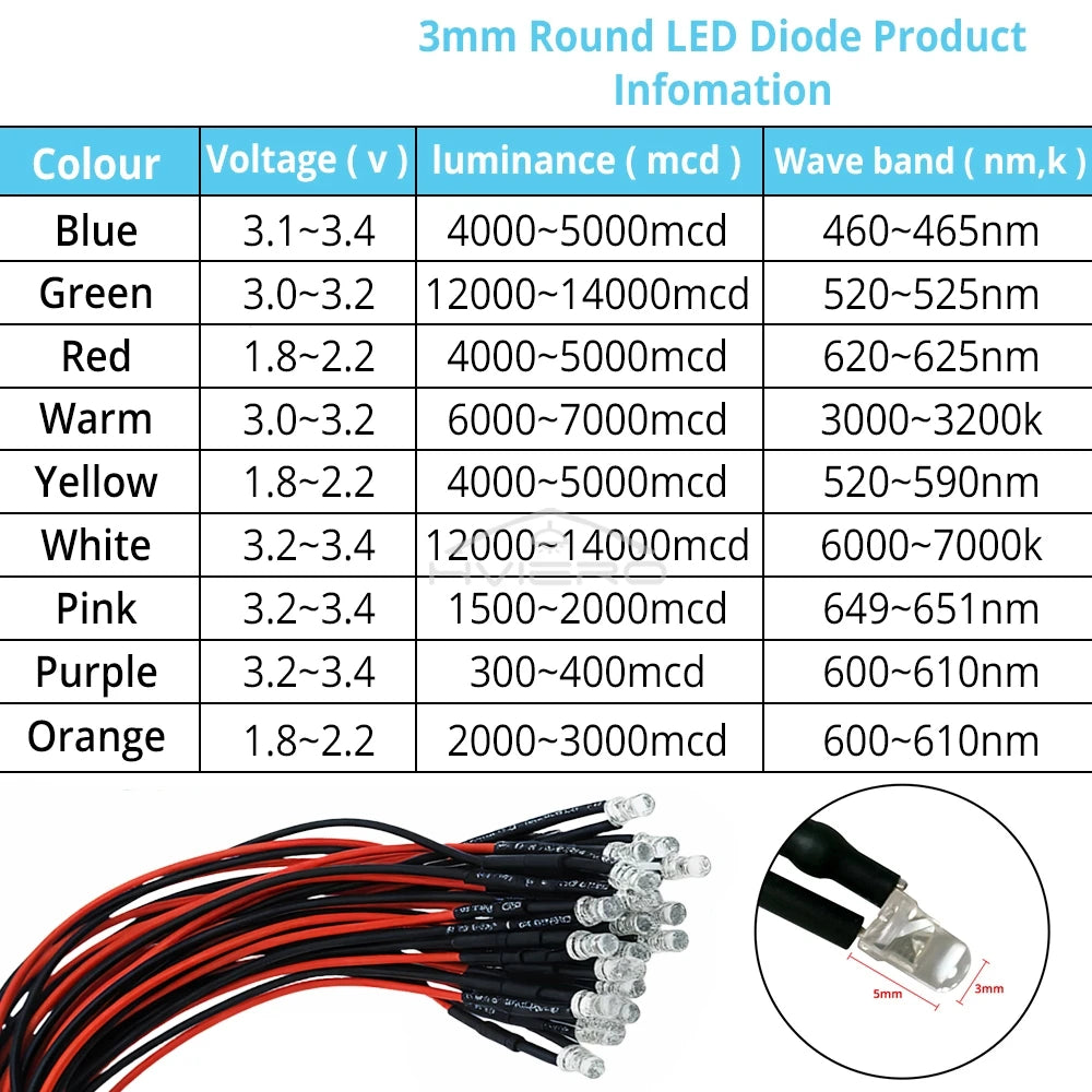 ampoules led pré câblées 5pcs ronde 3mm 20cm blanc rouge bleu vert jaune orange