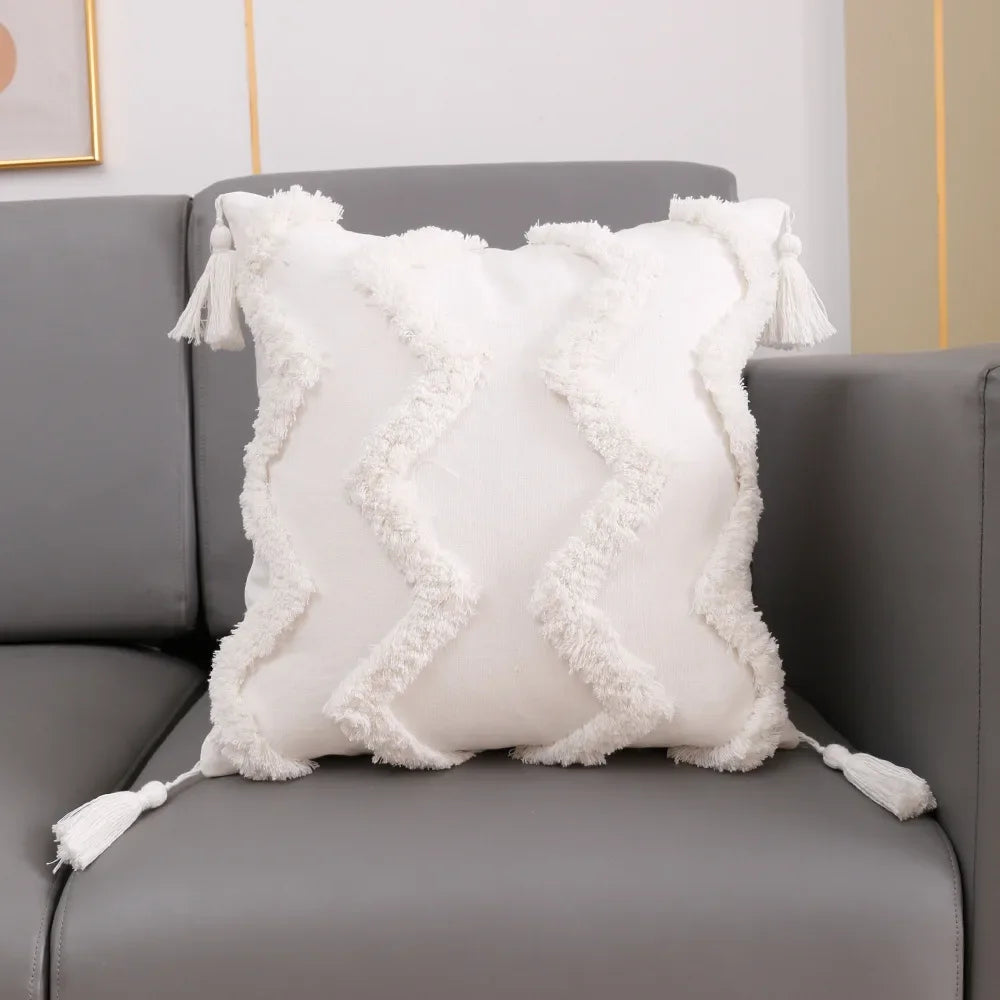 coussin carré géométrique blanc boho chic franges opaques décoration maison voiture