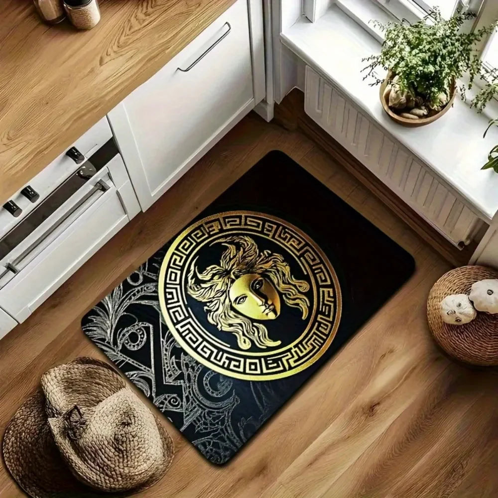tapis sol noir doré ornement grec floral antidérapant résistant décoloration polyester élégant maison camping